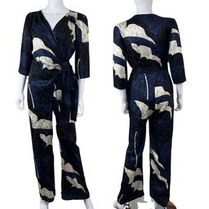 Warm NY Womens Size S Blue Silk Jacquard Floral Wide Leg Jumpsuit Contemporary